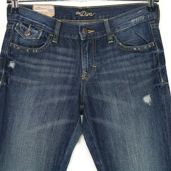 Retro Old Navy The Diva Super‎ Flare Low Rise Jeans Distressed 4 x 32 - Picture 6 of 11
